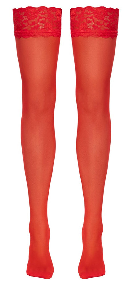 Rote Cottelli LEGWEAR Straps-Strümpfe in freigestellter Frontansicht mit breitem Spitzenabschluss