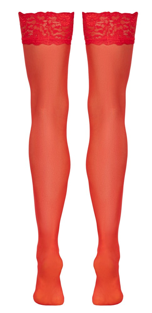 Rückansicht der roten Cottelli LEGWEAR Straps-Strümpfe mit feinem 20-den-Material und Spitze