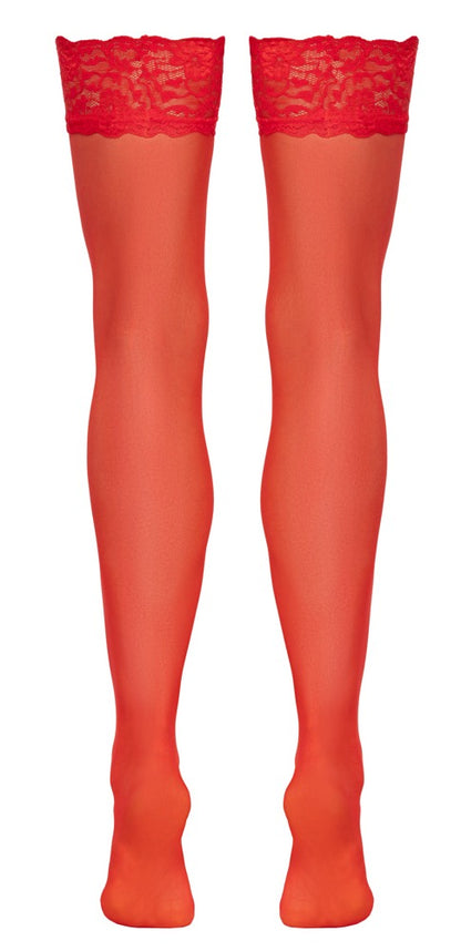 Rückansicht der roten Cottelli LEGWEAR Straps-Strümpfe mit feinem 20-den-Material und Spitze