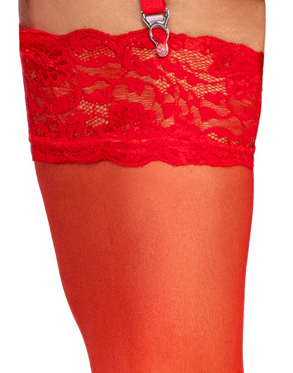 Detailansicht der roten Cottelli LEGWEAR Straps-Strümpfe mit breitem elastischem Spitzenabschluss