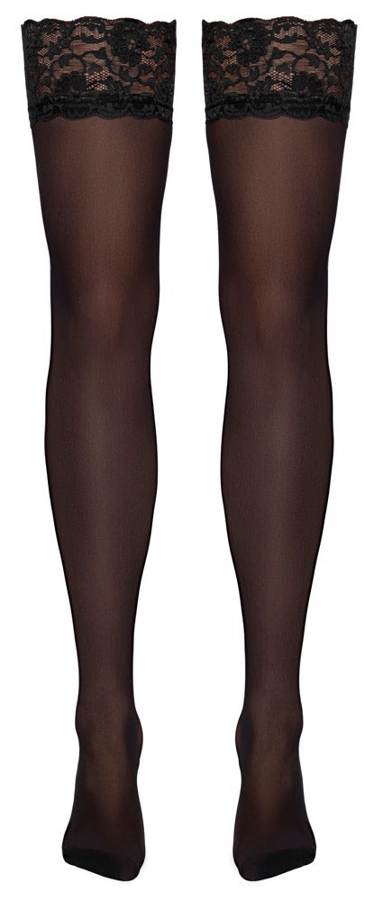 Schwarze Cottelli LEGWEAR Straps-Strümpfe in freigestellter Frontansicht mit breitem Spitzenabschluss
