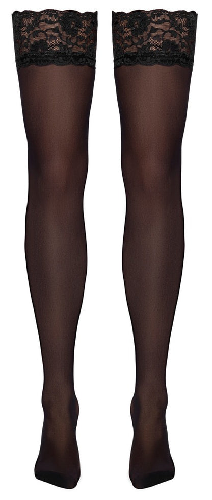 Schwarze Cottelli LEGWEAR Straps-Strümpfe in freigestellter Frontansicht mit breitem Spitzenabschluss