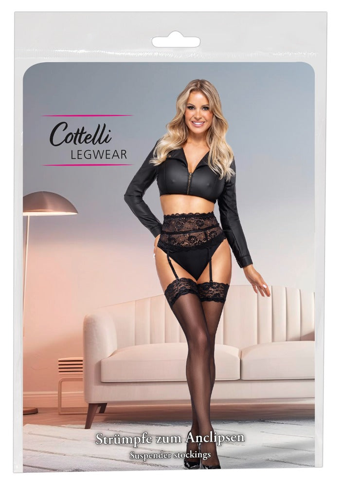 Schwarze Cottelli LEGWEAR Straps-Strümpfe in einer eleganten Modelaufnahme mit schwarzer Lingerie