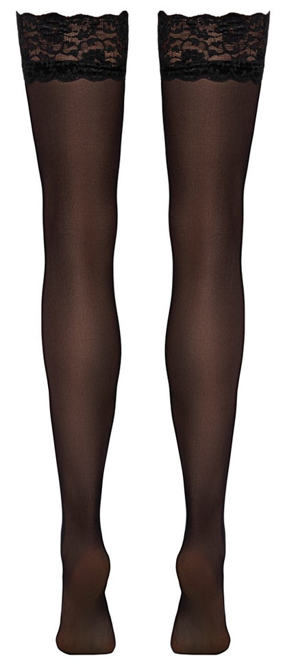 Rückansicht der schwarzen Cottelli LEGWEAR Straps-Strümpfe mit feinem 20-den-Material und Spitze