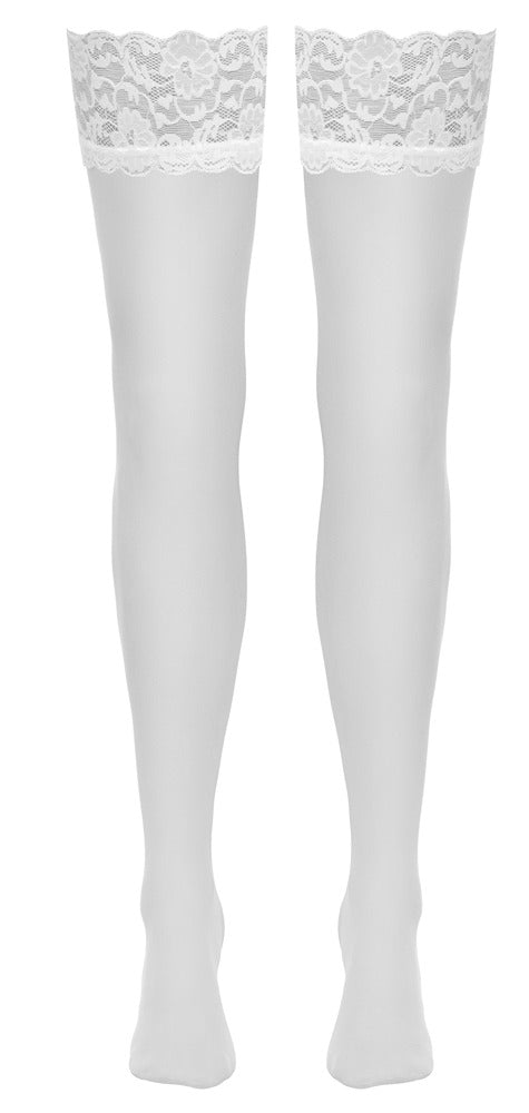 Weiße Cottelli LEGWEAR Straps-Strümpfe in freigestellter Frontansicht mit breitem Spitzenabschluss