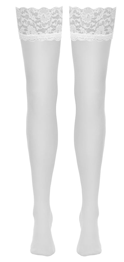 Weiße Cottelli LEGWEAR Straps-Strümpfe in freigestellter Frontansicht mit breitem Spitzenabschluss