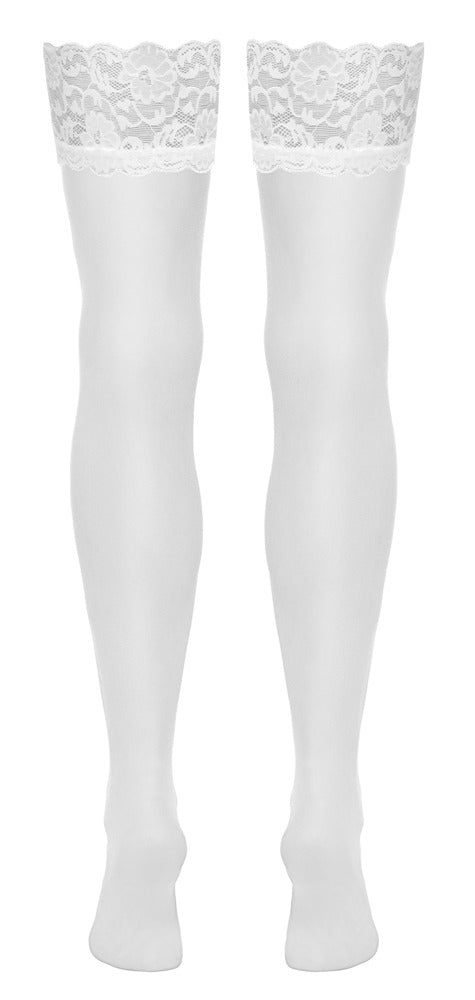 Rückansicht der weißen Cottelli LEGWEAR Straps-Strümpfe mit feinem 20-den-Material und Spitze