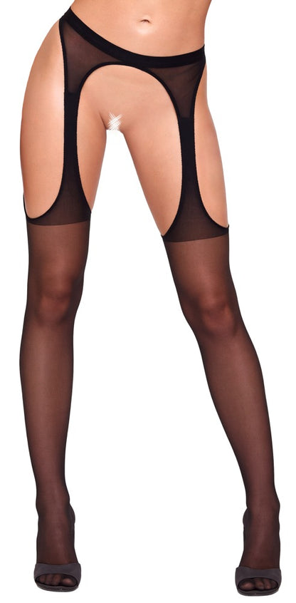 Cottelli LEGWEAR Straps-Strumpfhose ouvert am Model in Frontansicht mit offenem Schritt und Straps-Look