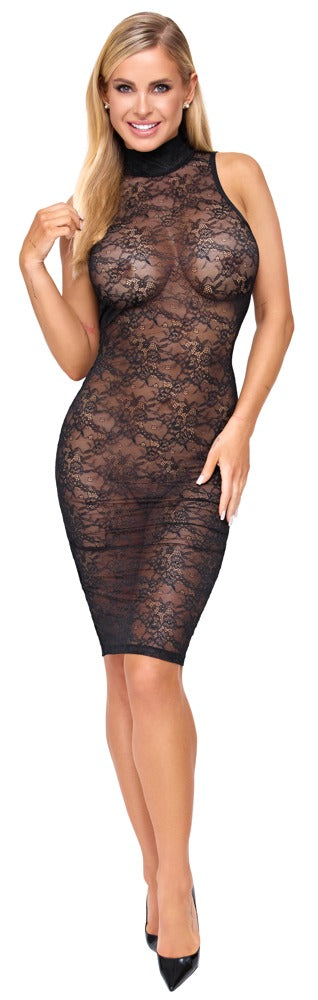Schwarzes Cottelli LINGERIE Blütenspitzen-Kleid getragen mit knieumspielender Silhouette und Stehkragen
