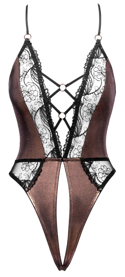 Cottelli LINGERIE Glamour-Riobody in Kupfer mit schwarzer Spitze und tiefer Schnür-Optik als Produktansicht von vorn