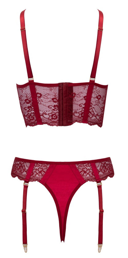 Rückansicht des Cottelli LINGERIE Sets mit Longline-BH, Riostring und verstellbaren Strumpfhaltern