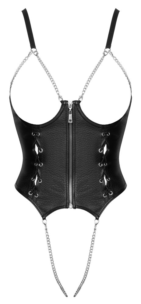 Vorderansicht des schwarzen Cottelli LINGERIE Ouvert-Bodys mit busenfreiem Schnitt, Ketten und Frontreißverschluss