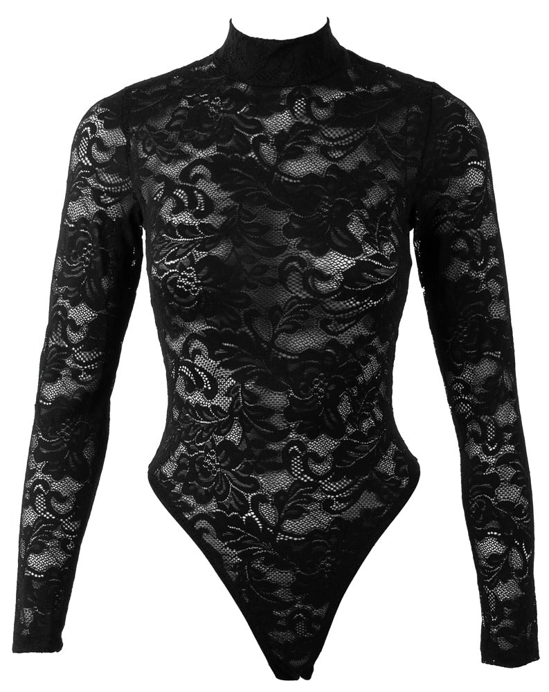 Freigestellte Frontansicht des schwarzen Cottelli LINGERIE Langarm-Riobodys aus Ornament-Spitze