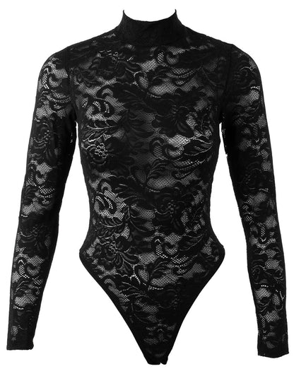 Freigestellte Frontansicht des schwarzen Cottelli LINGERIE Langarm-Riobodys aus Ornament-Spitze
