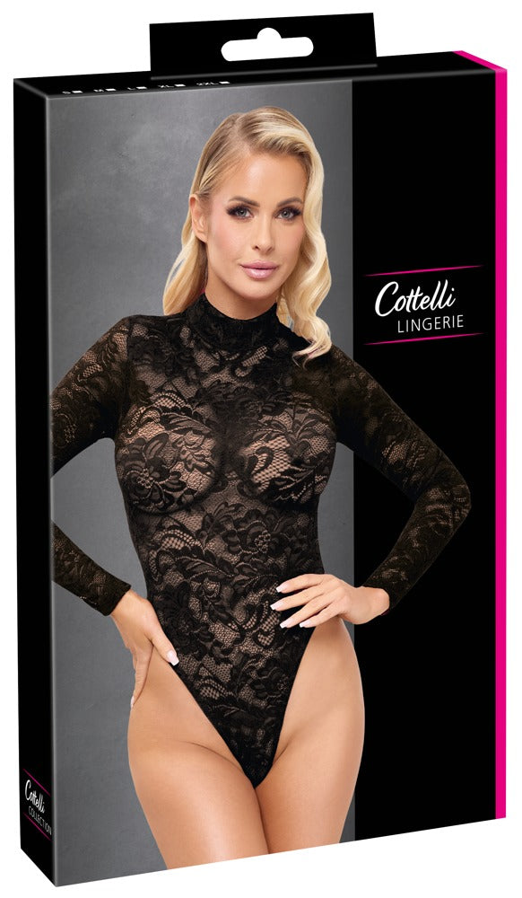 Cottelli LINGERIE Langarm-Riobody aus schwarzer Ornament-Spitze in der Originalverpackung