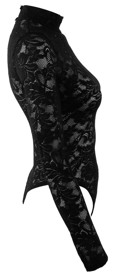 Seitliche Ansicht des Cottelli LINGERIE Riobodys mit Langarm, Stehkragen und hohen Beinausschnitten