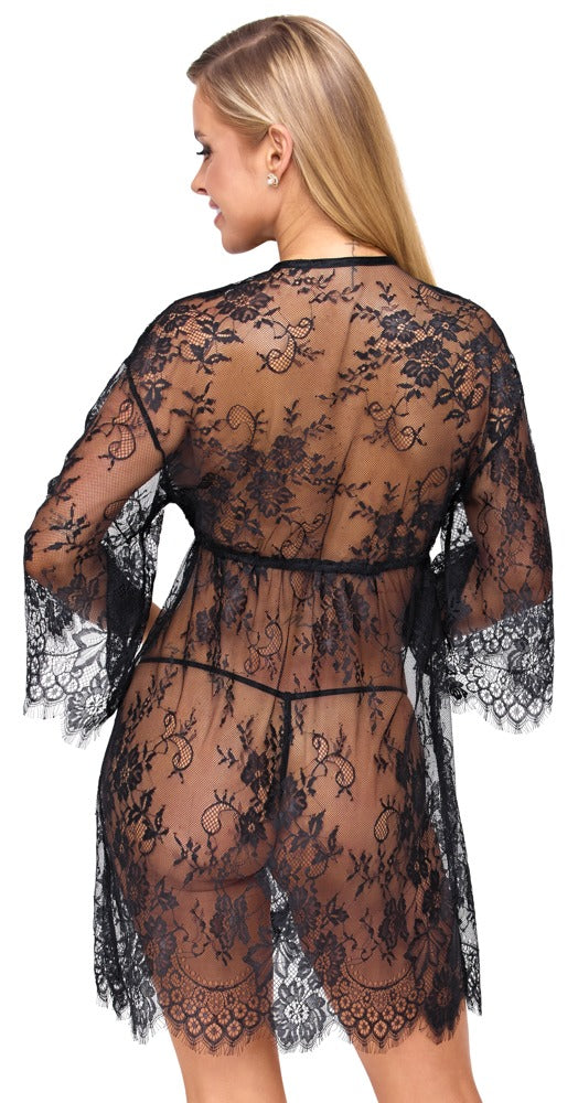 Getragene Rückansicht des Cottelli LINGERIE Spitzen-Kimonos mit transparenter Spitze und kurzem Schnitt