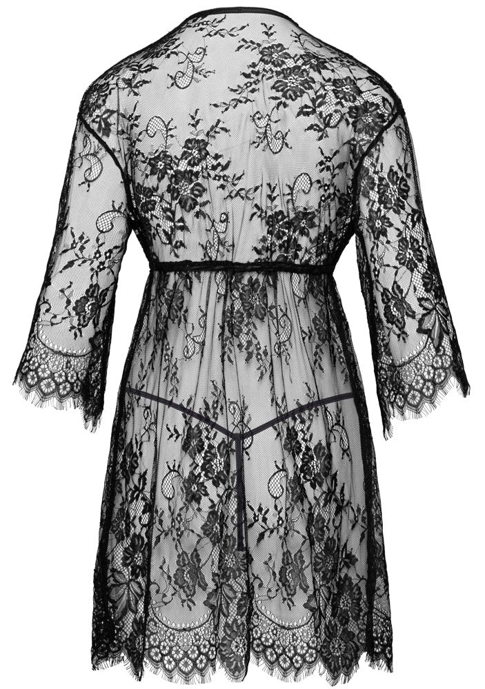 Rückansicht des kurzen Cottelli LINGERIE Kimonos aus transparenter schwarzer Spitze mit Eyelash-Lace-Abschlüssen