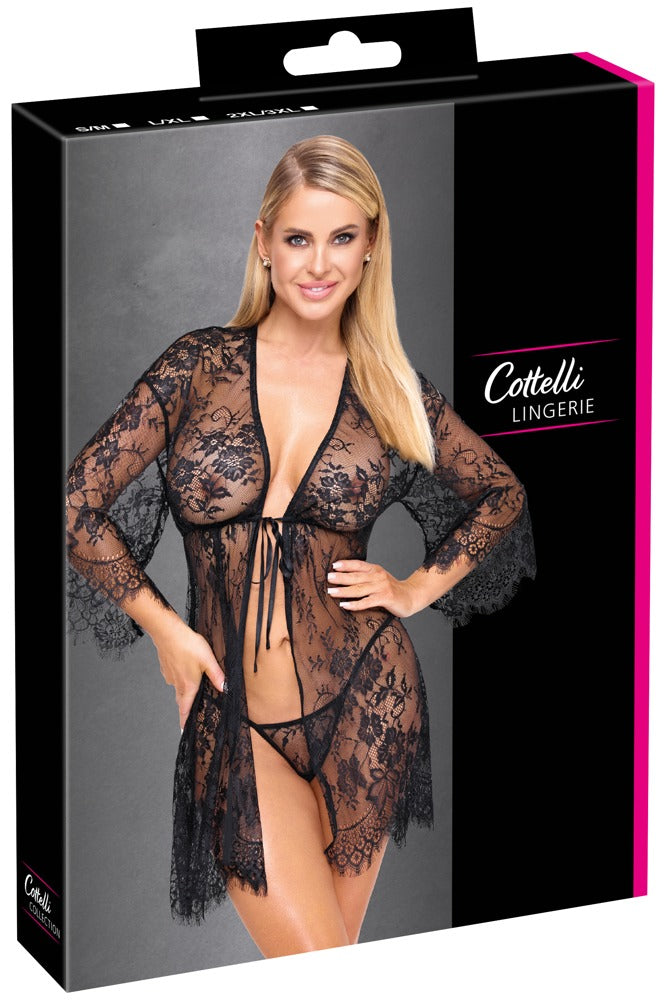 Verpackung des schwarzen Cottelli LINGERIE Spitzen-Kimonos inklusive passendem Spitzen-String