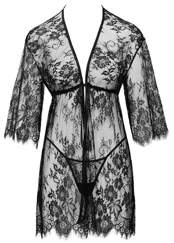 Vorderansicht des schwarzen Cottelli LINGERIE Spitzen-Kimonos mit Satin-Bindeband und passendem String