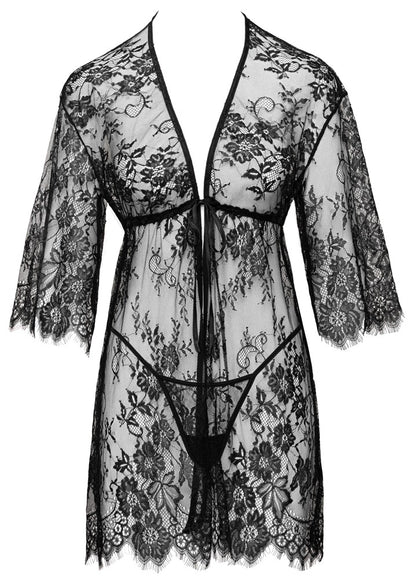 Vorderansicht des schwarzen Cottelli LINGERIE Spitzen-Kimonos mit Satin-Bindeband und passendem String