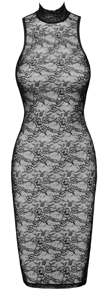 Vorderansicht des Cottelli LINGERIE Spitzenkleids aus transparenter schwarzer Blütenspitze mit Stehkragen