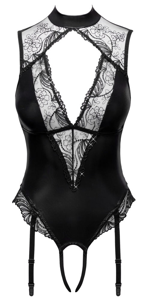Cottelli LINGERIE Straps-Riobody ouvert in Frontansicht mit Wetlook, Pailletten-Tüll und Strumpfhaltern