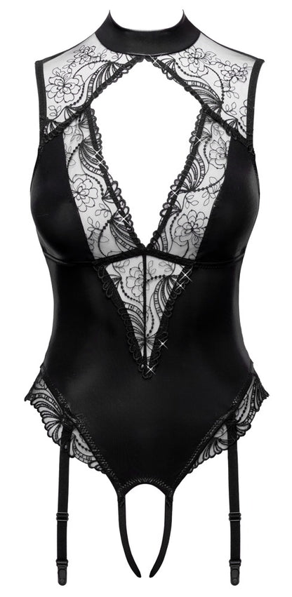 Cottelli LINGERIE Straps-Riobody ouvert in Frontansicht mit Wetlook, Pailletten-Tüll und Strumpfhaltern