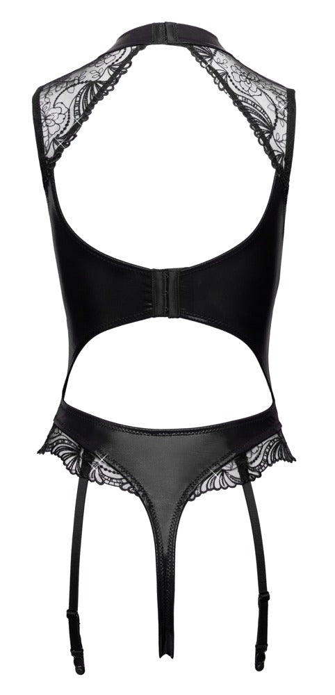Rückansicht des Cottelli LINGERIE Straps-Riobodys mit offenem Rücken, String-Schnitt und Strumpfhaltern