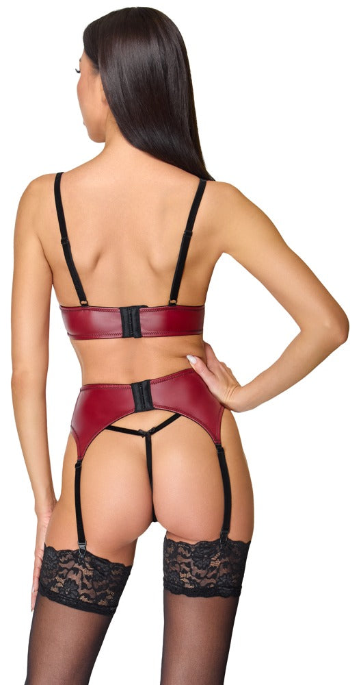 Model trägt das Cottelli LINGERIE Straps-Set mit verstellbarem Strapsgürtel und offenem Spitzen-String von hinten