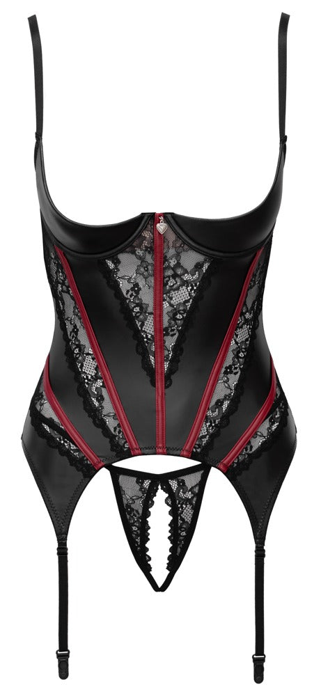 Cottelli LINGERIE Strapshemd-Set mit Hebe-Cups, Spitze, dunkelroten Details und Ouvert-String in Frontansicht