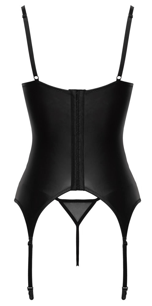 Rückansicht des Cottelli LINGERIE Strapshemd-Sets mit Trägern, Strumpfhaltern und schwarzem Ouvert-String
