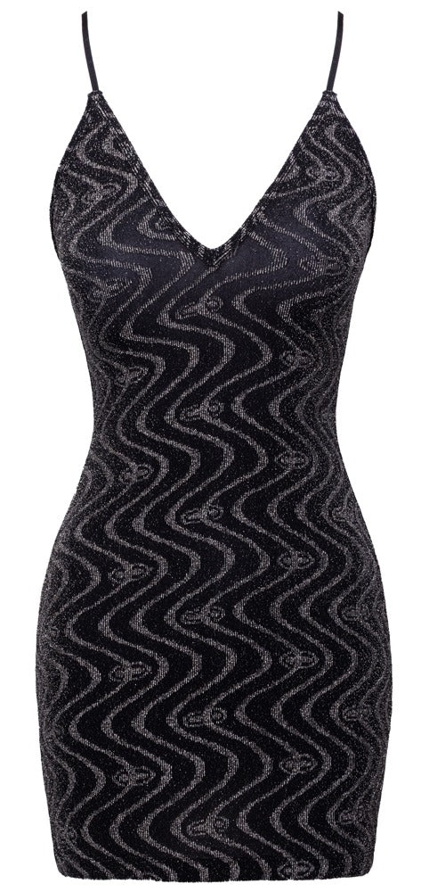 Cottelli PARTY Glitzer-Minikleid in Schwarz mit silberner Zickzack-Optik als Produktansicht von vorn
