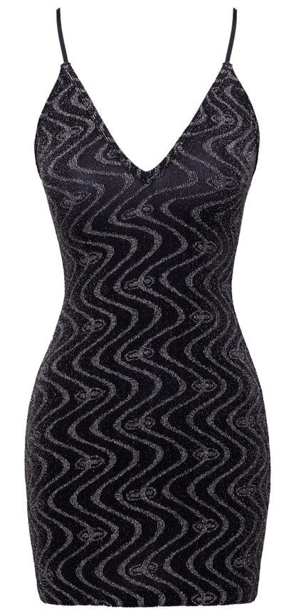 Cottelli PARTY Glitzer-Minikleid in Schwarz mit silberner Zickzack-Optik als Produktansicht von vorn