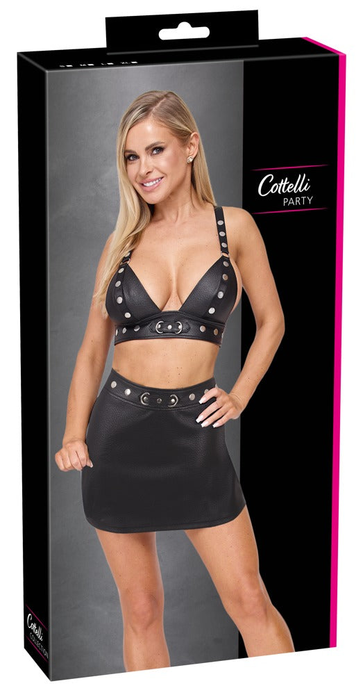 Verpackung des Cottelli PARTY Sets mit BH-Top und Minirock aus schwarzem Lederimitat