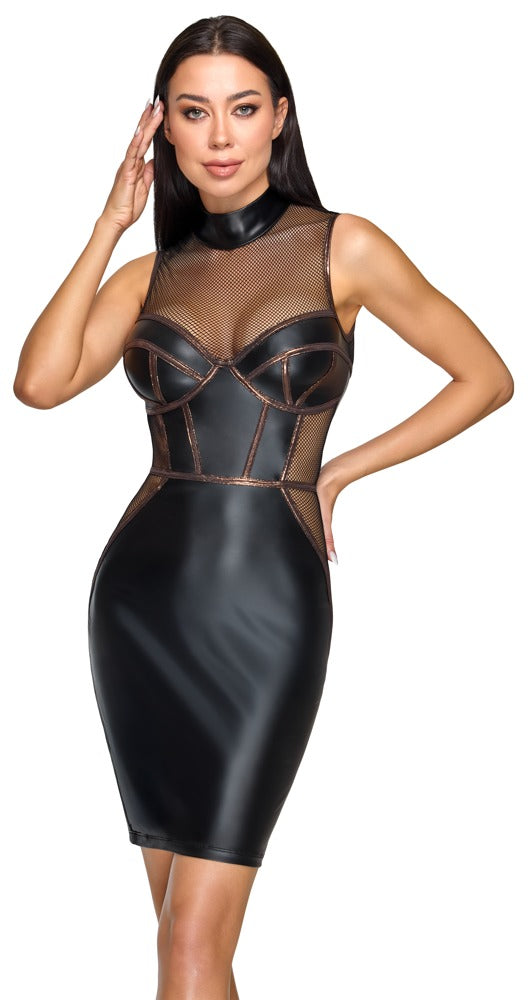 Model trägt das schwarze Cottelli PARTY Mattlook-Kleid mit roségoldfarbenen Details von vorne