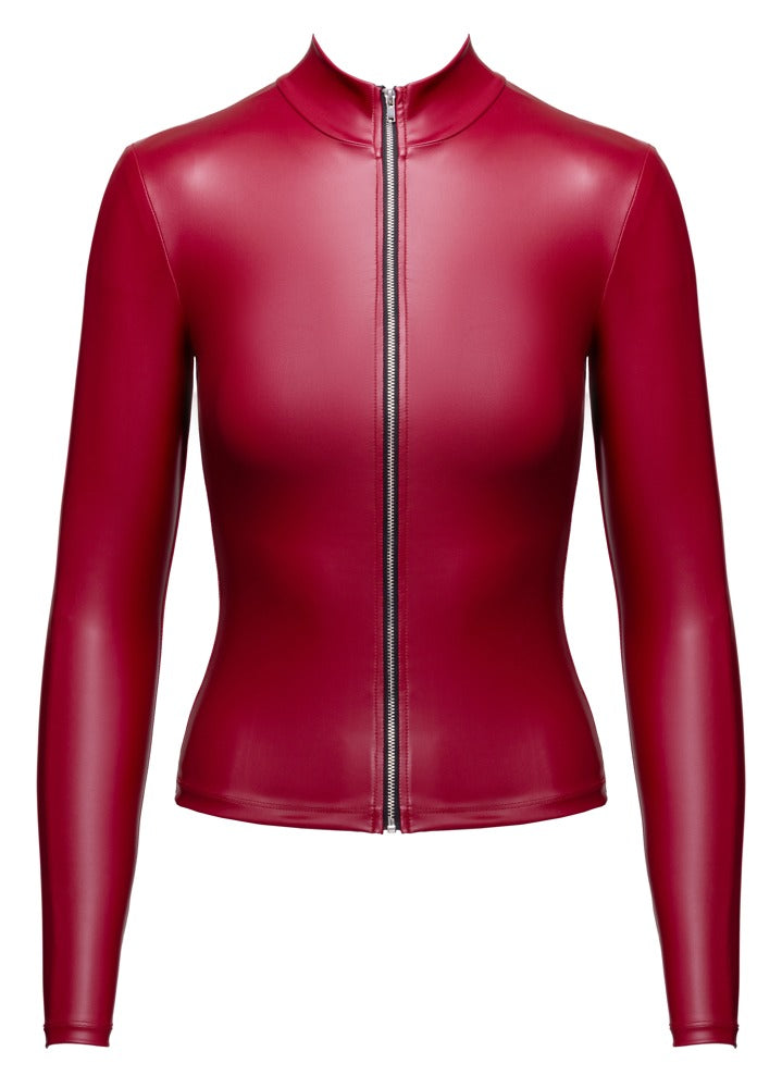 Vorderansicht des roten Cottelli PARTY Mattlook-Langarm-Tops mit Stehkragen und durchgehendem Reißverschluss