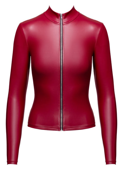 Vorderansicht des roten Cottelli PARTY Mattlook-Langarm-Tops mit Stehkragen und durchgehendem Reißverschluss