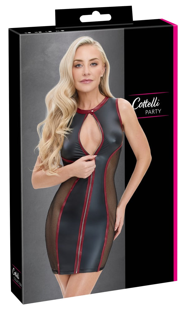 Produktverpackung des Cottelli PARTY Mattlook-Minikleids mit Netz-Einsätzen und Front-Reißverschluss