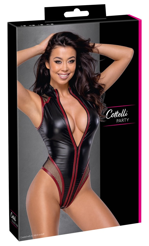 Produktverpackung des schwarzen Cottelli PARTY Mattlook-Rio-Bodys mit Stehkragen und 3-Wege-Reißverschluss