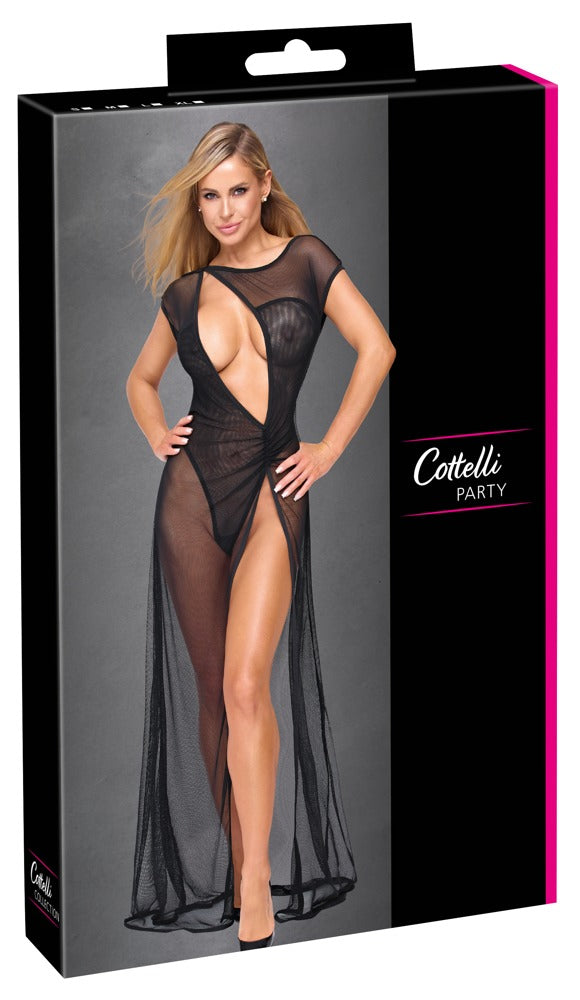 Verpackung des langen schwarzen Cottelli PARTY Netzkleids mit integriertem Netz-Stringbody