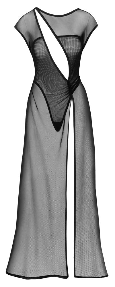 Vorderansicht des langen Cottelli PARTY Netzkleids mit transparentem Netz, integriertem Stringbody und hohem Beinschlitz
