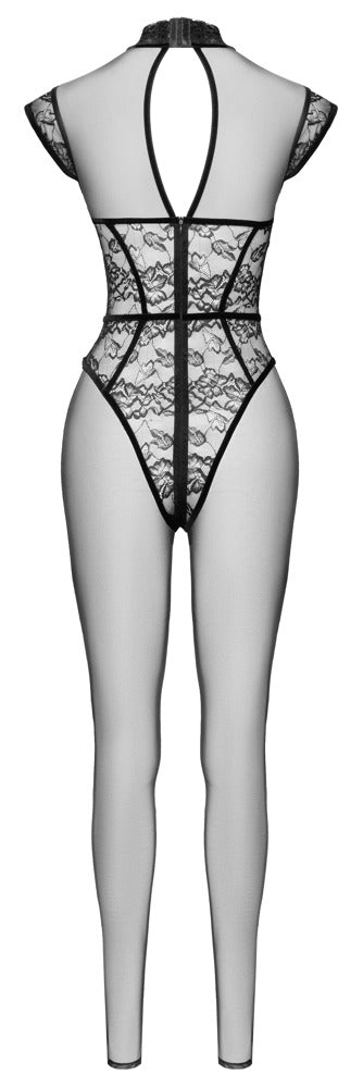 Rückansicht des schwarzen Cottelli PARTY Transparent-Overalls mit Rückenausschnitt und 3-Wege-Reißverschluss
