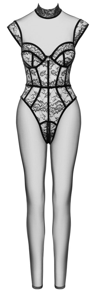 Vorderansicht des schwarzen Cottelli PARTY Transparent-Overalls mit Corsagen-Body in Spitzenoptik