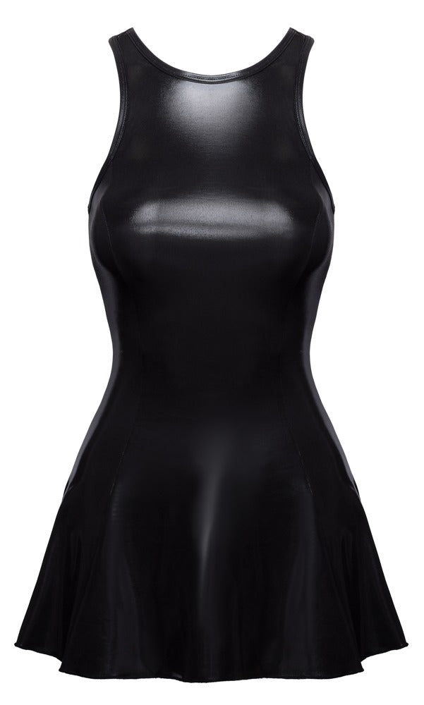 Vorderansicht des schwarzen Cottelli PARTY Wetlook-Minikleids mit figurbetontem Oberteil und ausgestelltem Rock