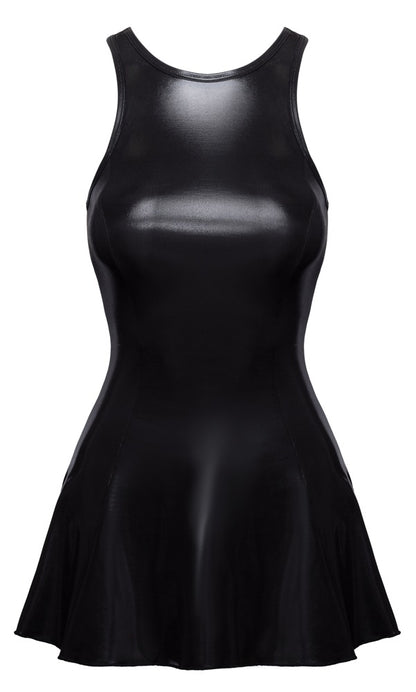 Vorderansicht des schwarzen Cottelli PARTY Wetlook-Minikleids mit figurbetontem Oberteil und ausgestelltem Rock
