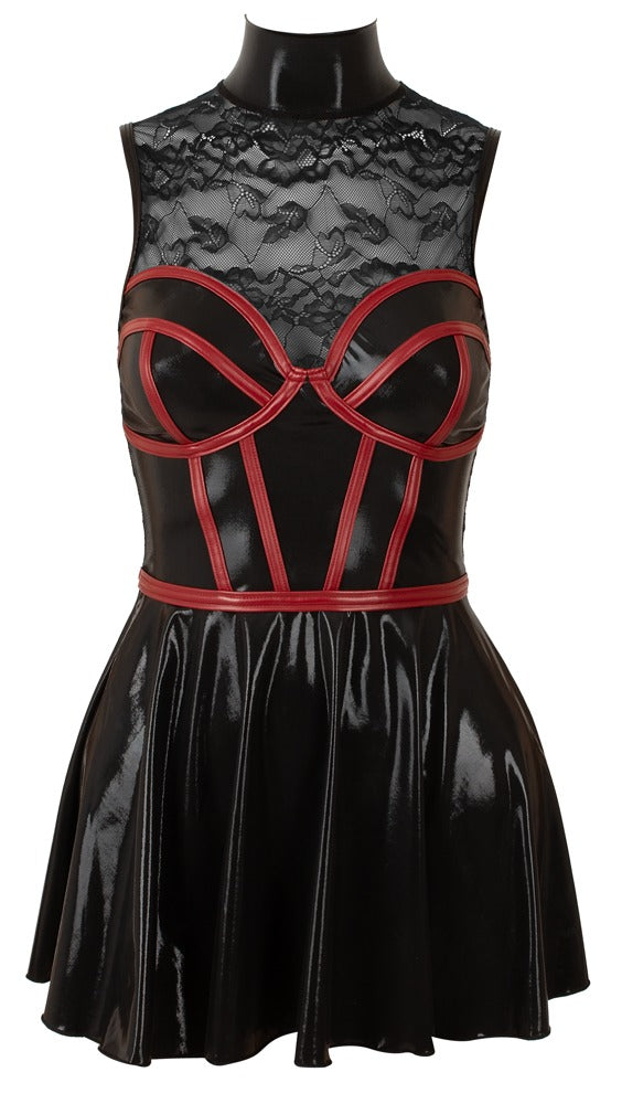 Cottelli PARTY Wetlook-Minikleid in Schwarz-Rot mit Corsagen-Optik und ausgestelltem Röckchen von vorn