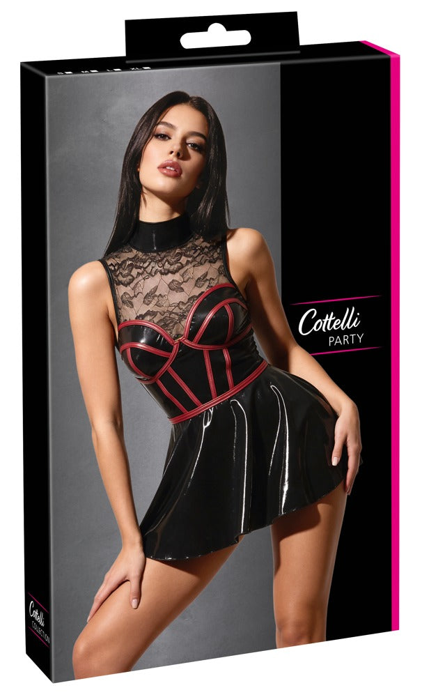 Verpackung des Cottelli PARTY Wetlook-Mininkleids in Schwarz-Rot mit Spitze und Corsagen-Optik