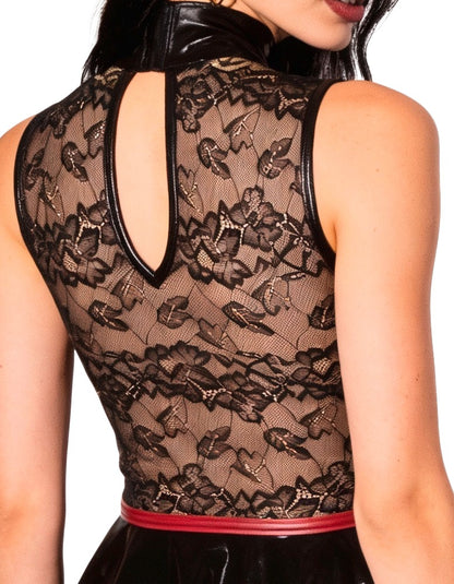 Detail des transparenten schwarzen Spitzenrückens am Cottelli PARTY Wetlook-Minikleid