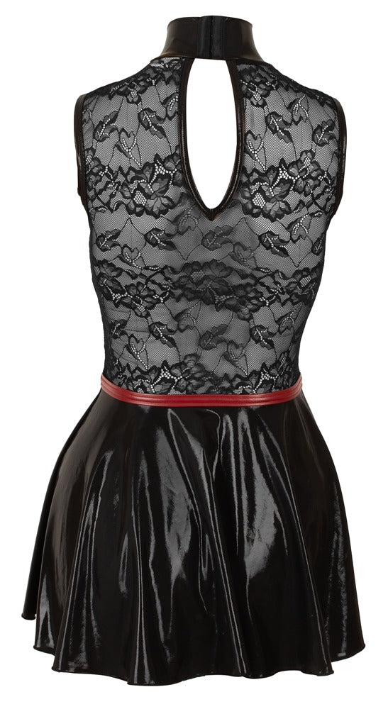 Cottelli PARTY Wetlook-Minikleid mit transparentem Spitzenrücken und dunkelrotem Taillenband von hinten